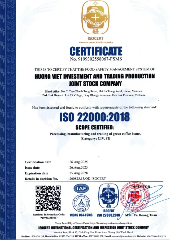 certificate iso 22000 2018