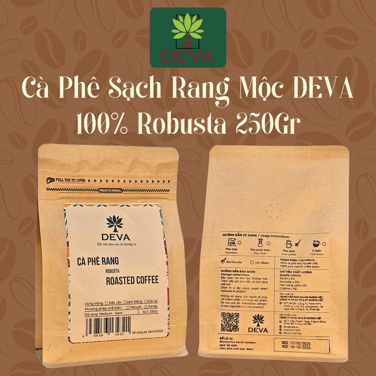 CÀ PhÊ SẠch Robusta 250gr Rang MỘc Deva